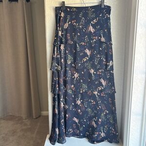 Maeve Anthropologie Womens L Tiered Maxi Skirt Floral Navy Blue Chiffon FB1288